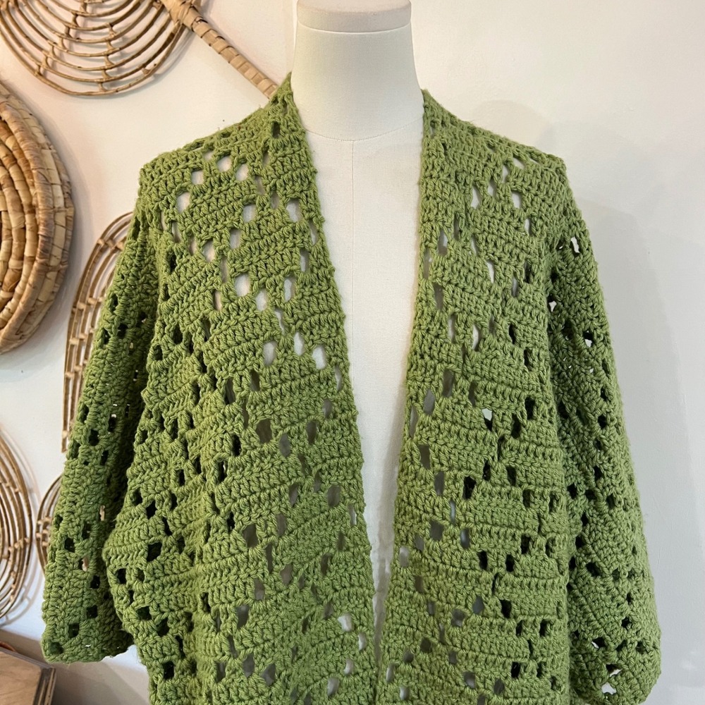 Vintage Green Handmade Crochet Knit Cardigan Kimono Boho Duster L XL - Picture 3 of 7
